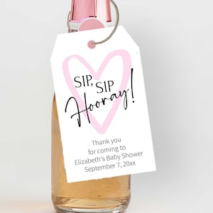 Personalized Bridal Shower Mini Champagne Bottle Tags, Sip, Sip Hooray Pink Heart Favor Tags, SH1