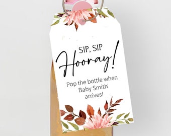 Personalized Bridal Shower Mini Champagne Bottle Tags, Sip, Sip Hooray Favor Tags, SH1