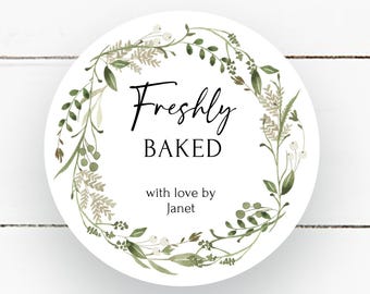 3.5" Sticker for Freshly Baked with Green Wreath, Home Baked Stickers