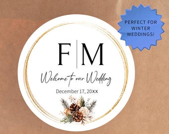 Monogram Welcome Bag Labels With Winter Greenery, Wedding Gift Box,