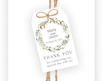 Wedding Favor Tags, Personalized Bridal Shower Thank You Tags, Greenery Wreath Party Favor Tags