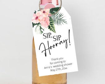 Tropical Bridal Shower Mini Champagne Bottle Tags, Sip, Sip Hooray Beach Destination Favor Tags, SH1