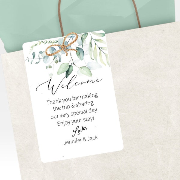 Personalized Welcome Bag Tag, Greenery Tags for Hotel Wedding Guest Gift Bags, Destination Wedding Favor Tags