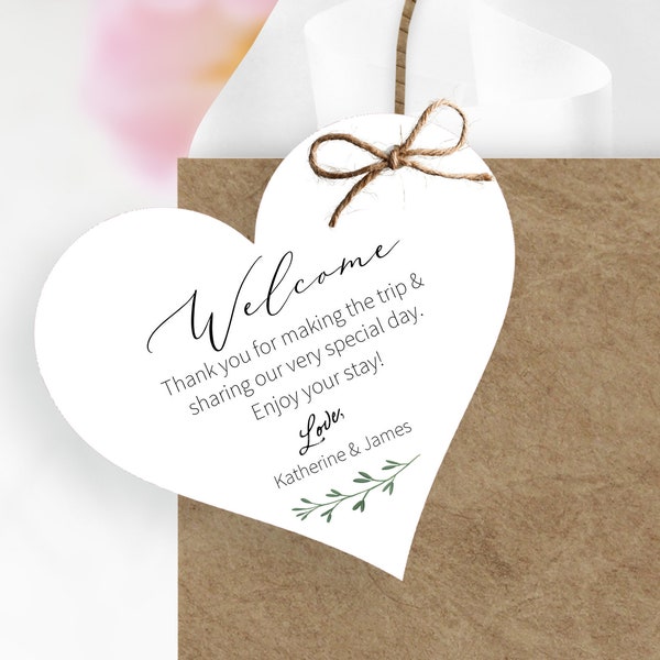 Printed Wedding Welcome Bag Tags, Tote Bag Tags for Hotel Wedding Destination Guests, Greenery Gift Bag Tags