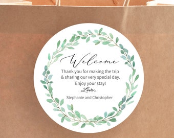 Welcome Bag Stickers, Greenery Stickers for Hotel Wedding Guest Gift Bags, Destination Wedding Stickers, EU1