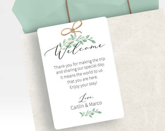 Printed Eucalyptus Welcome Bag Tags, Personalized Wedding Guest Favor Tags for Destination Gift Bags, Greenery Welcome Message Tags, X01