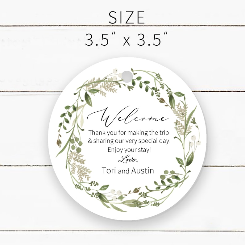 Round Welcome Bag Tag, Greenery Tags for Hotel Wedding Guest Gift Bags ...