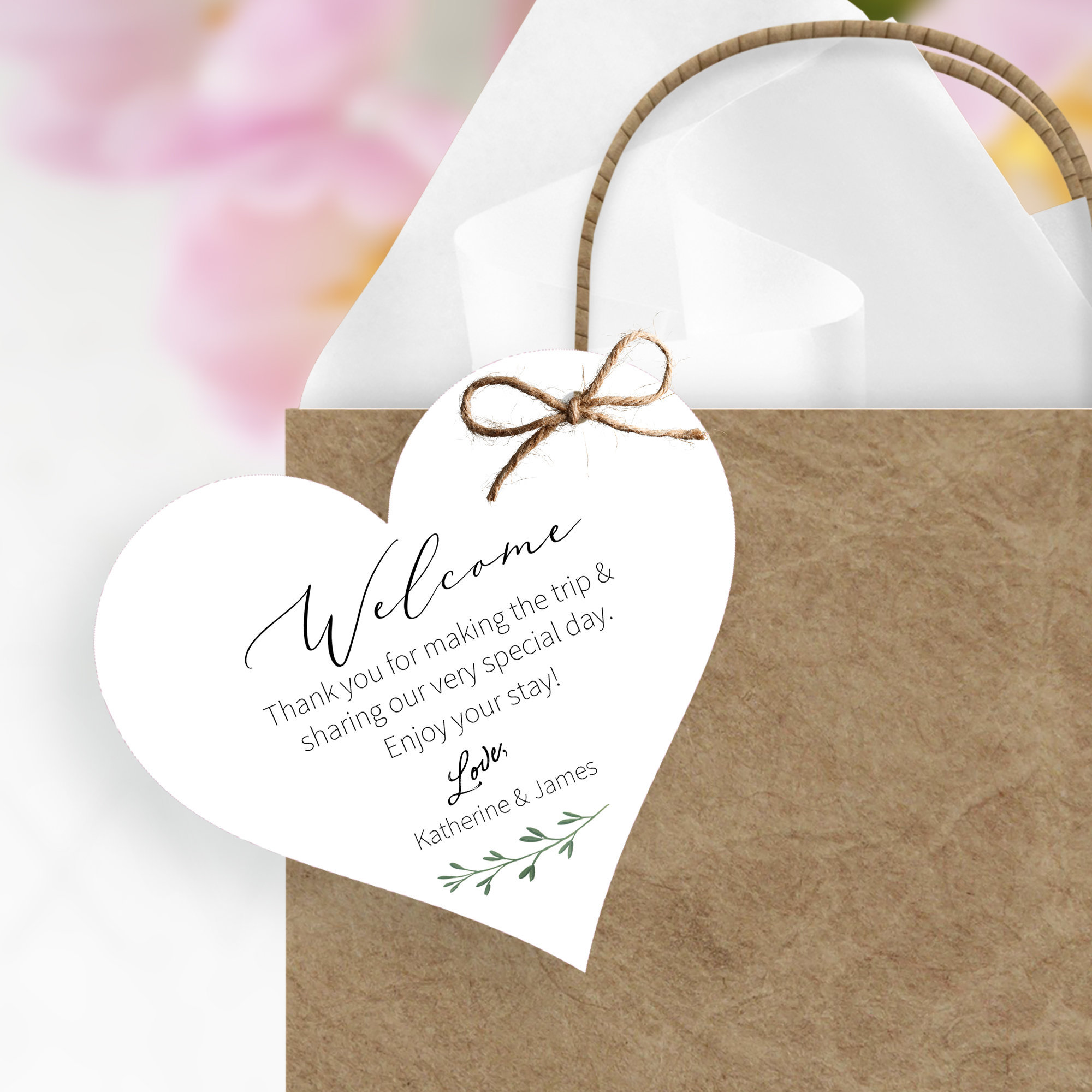Printed Wedding Welcome Bag Tags, Tote Bag Tags for Hotel Wedding Destination Guests, Greenery Gift Bag Tags