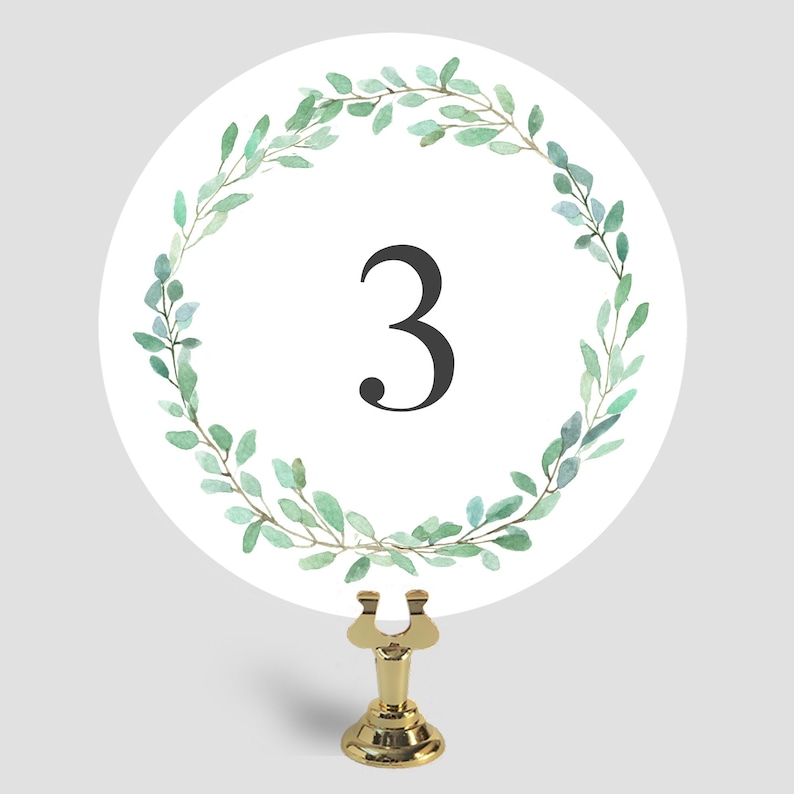 Double Sided Wedding Table Number Cards, Green Wreath Table Numbers, X01 image 1