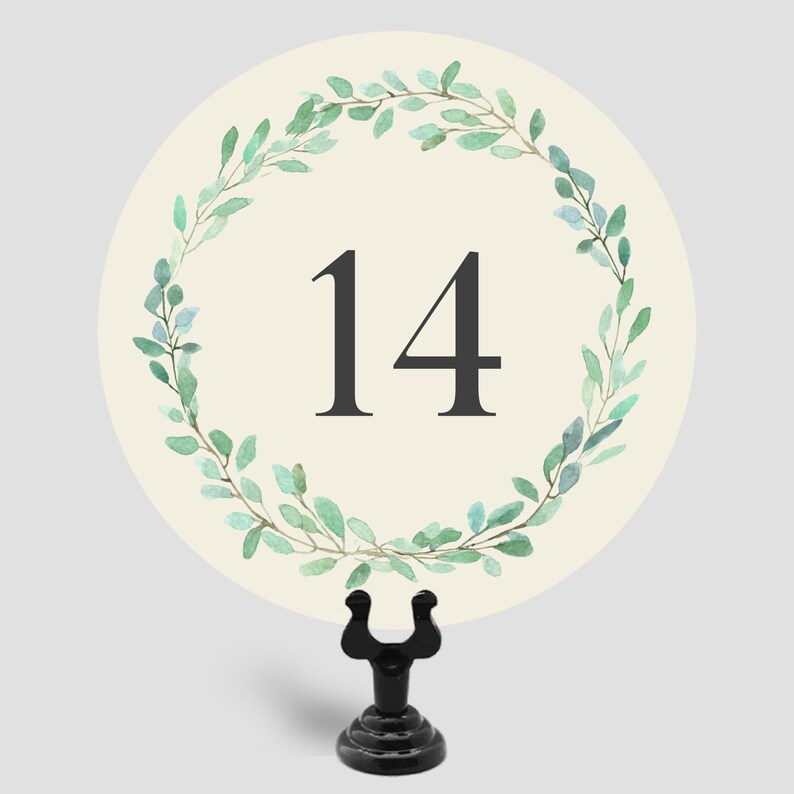 Double Sided Wedding Table Number Cards, Green Wreath Table Numbers, X01 image 3