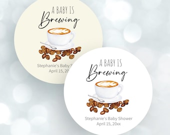 Baby is Brewing 2" Round Stickers, Baby Shower Coffee Favor Labels, SB