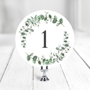 Eucalyptus Double Sided Wedding Table Number Cards, Round Green Wreath Table Numbers, EU1