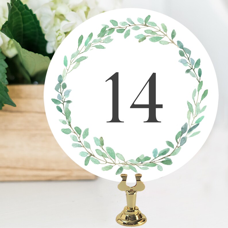 Double Sided Wedding Table Number Cards, Green Wreath Table Numbers, X01 image 4