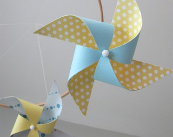 Ceiling Hung Baby Mobile / Nursery Mobile / Crib Mobile / Yellow, Grey, Blue and White / Boy or Girl : Chickadee