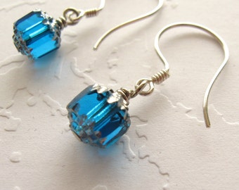 Blue Earrings Silver Blue Earrings Sterling Silver Petite Blue Earrings Cerulean Blue Silver Earrings Blue Dangle Earrings Capri Blue