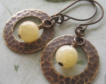 Textured Metal Earrings with Yellow Gemstone, dangle earrings, hoop earrings, Gift for Her Jewelry
