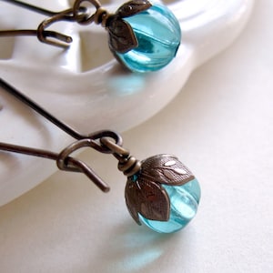 Aqua Earrings, Teal Earrings, Blue Earrings, Brown Brass Earrings, Gift for Her Jewelry image 1