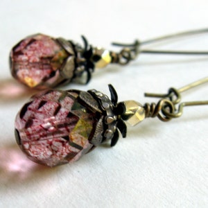 Rose and Gold Iridescent Brass Earrings Shabby Chic Cottage Style Mothers Day Outdoor Wedding Garden image 1