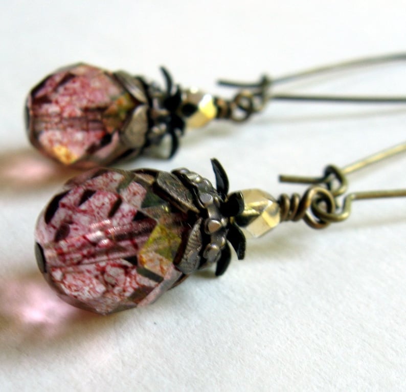 Rose and Gold Iridescent Brass Earrings Shabby Chic Cottage Style Mothers Day Outdoor Wedding Garden image 1