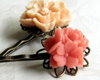 Peach and Coral Flower Hair Pins Cottage Style Shabby Chic Mothers Day Outdoor Bridal Garden