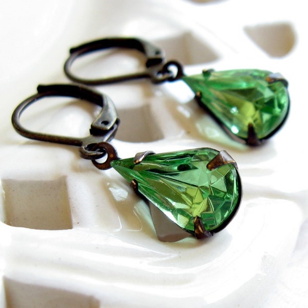 Green Teardrop Rhinestone Glass Jeweled Earrings Shabby Chic Cottage Style Mothers Day Outdoor Wedding Garden