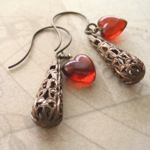 Red Heart Earrings: Vintage Resin & Brass Filigree Drops