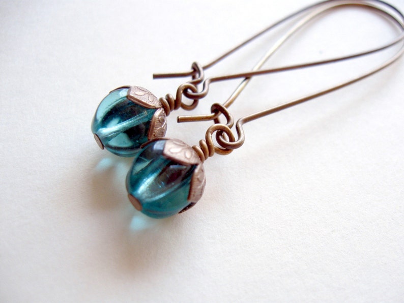 Aqua Earrings, Teal Earrings, Blue Earrings, Brown Brass Earrings, Gift for Her Jewelry image 2