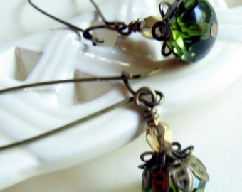 olive green dangle earrings, drop earrings, golden earrings, cottage chic, boho chic, bohemian earrings, boho jewelry, festival earrings