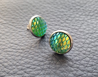 Blue Green Mermaid Earrings, Dragon Scale Jewelry, gift for teen,, Stud earrings, Post earrings,