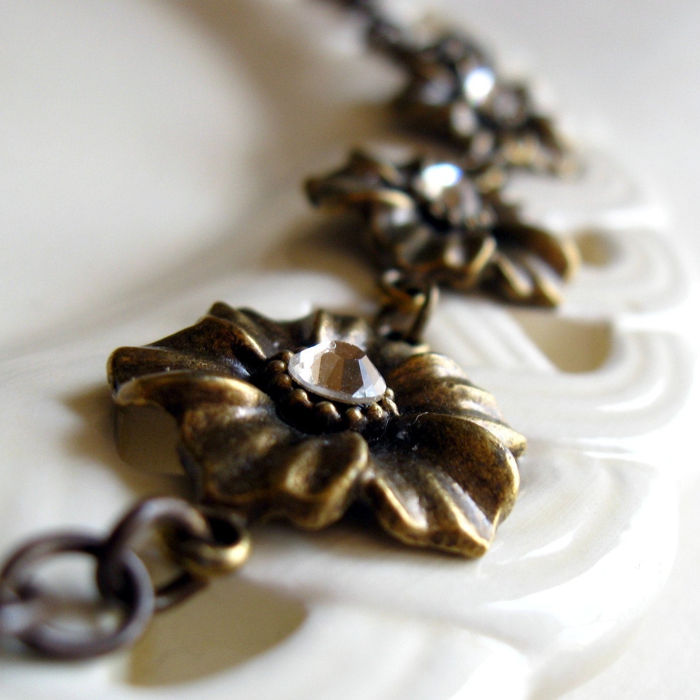 Brass Flower Necklace Three Brass Flowers With Swarovski Crystals