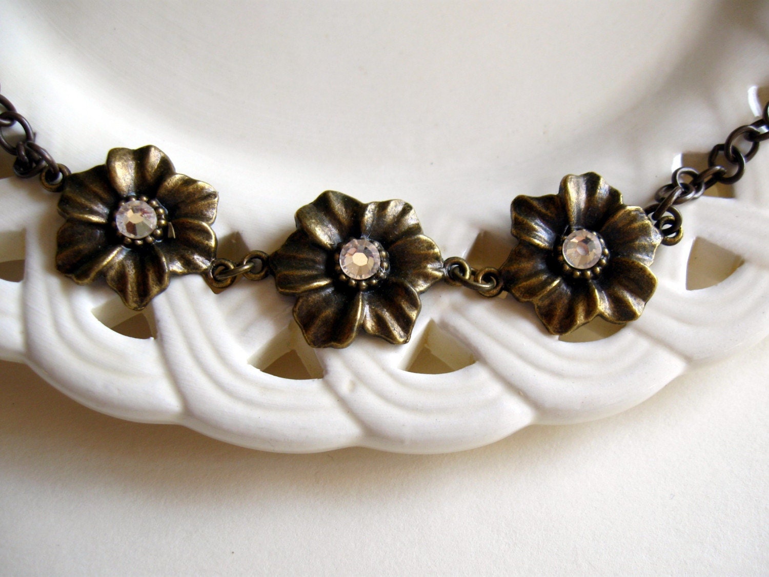 Brass Flower Necklace Three Brass Flowers With Swarovski Etsy