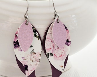 Pink Flower Earrings, Mothers Day Gift, Drop Earrings, Pink and Purple Floral Earrings, Vegan Leather, Stainless Steel, Gift for mom