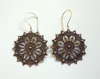 Medallion Earrings, Copper Mandala,Sterling Silver Earwires