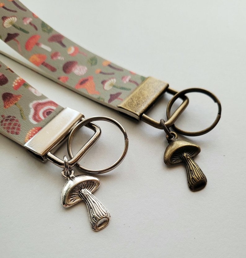 Mushroom KeyChain, Toadstool Wristlet, Spring Keyfob, cottagecore, gardener, woodland, Mushroom Lover, 70s, Silver, Bronze, woodland image 1