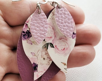 Rose Earrings, Leaf shaped, Pink and Purple Floral Earrings, Vegan Leather, Stainless Steel, Gift for mom