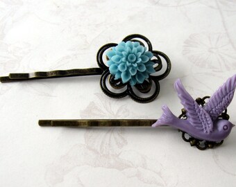 blue flower hairpin, blue flower bobbypin, purple bird, bird hairpin, purple hairpin, flower bobbypin, hairpin set, blue bobby pin, under 10