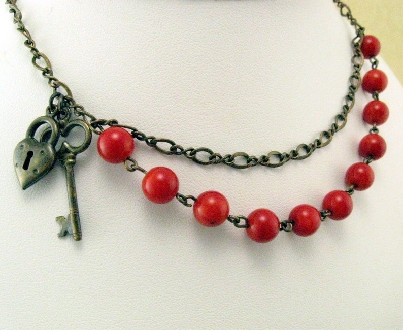 Locke and Key Red Necklace Heart Lock Gift for Her Jewelry Etsy