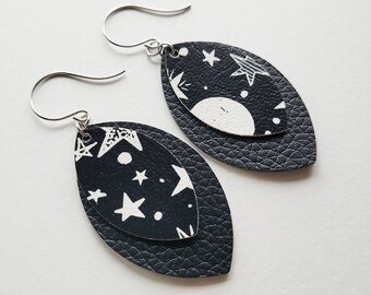 Black Silver Moon Stars Earrings, Vegan Leather, Modern Moon Earrings,