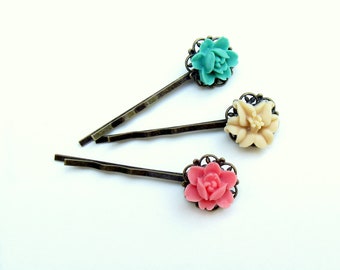 Pink Bobby Pin, Teal Flower Hairpin, Hairpin Gift Se,t under 15, Gift for Tee,n Antique Brass Pins, Hair Jewelry, FLower Bobby Pin