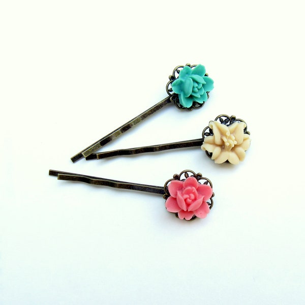 Pink Bobby Pin, Teal Flower Hairpin, Hairpin Gift Se,t under 15, Gift for Tee,n Antique Brass Pins, Hair Jewelry, FLower Bobby Pin