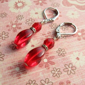 Red Glass Dangle Earrings: Silver Rhinestone Accents, Valentines Gift