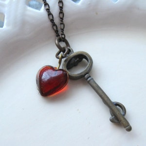 Key to My Heart Necklace: Vintage Red Lucite Heart Charm