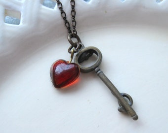 Key to My Heart Necklace: Vintage Red Lucite Heart Charm