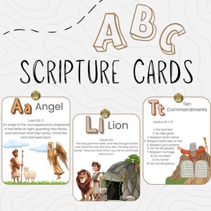 Könnte beinhalten: Farbige Alphabet-Flashcards mit Illustrationen und Bibelversen. Jede Karte zeigt einen Buchstaben, ein Tier und einen Bibelvers. Die Karten sind dazu gedacht, Kindern die Bibel näherzubringen.