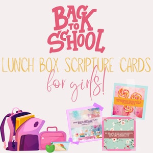 Op de afbeelding: Een set lunchbox-bijbelkaarten voor meisjes. De kaarten hebben kleurrijke achtergronden met inspirerende citaten en bijbelteksten. De kaarten zijn ontworpen om jonge meisjes aan te moedigen en op te bouwen.
