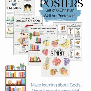 子ども向けの聖書ポスター - 印刷可能なキリスト教の壁アート 6 枚セット!