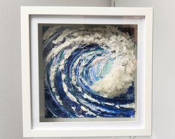 UK ORIGINAL Painting 'Rolling Wave' by Washington Mixed Media 26cm square. Modern Textured Acrylic Oil Framed Free Standing or Wall Hanging.