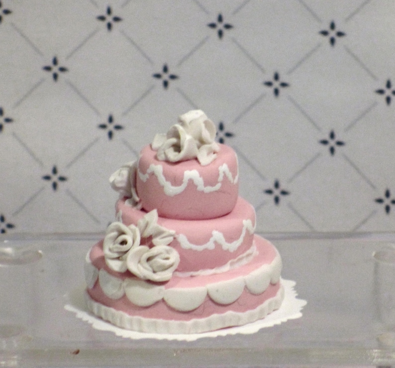 Miniature Pink And White 3 Tier Wedding Cake Etsy