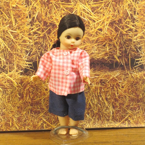 Jeans shorts and gingham shirt for summer for 7-8 inch doll Vogue Ginny, Mde Alexander, Muffie doll