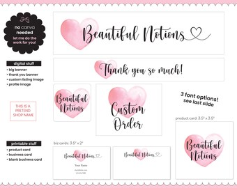 Custom Etsy Shop Design, Etsy Store Graphic Elements, Digital Customizable Shop Bundle Art, Watercolor Heart, Feminine Love Theme